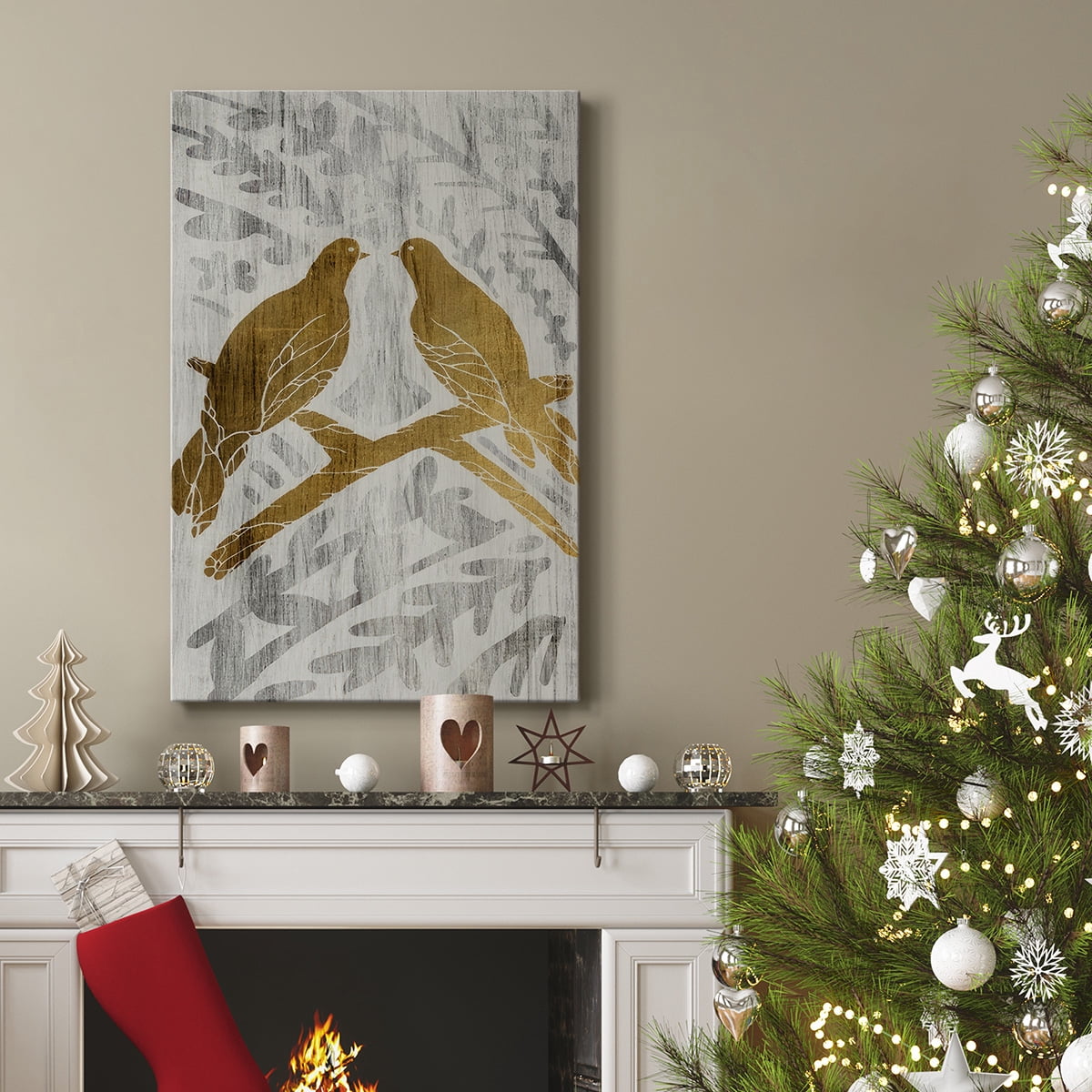 Two Turtle Doves - Gold Leaf Holiday- Gallery Wrapped Canvas