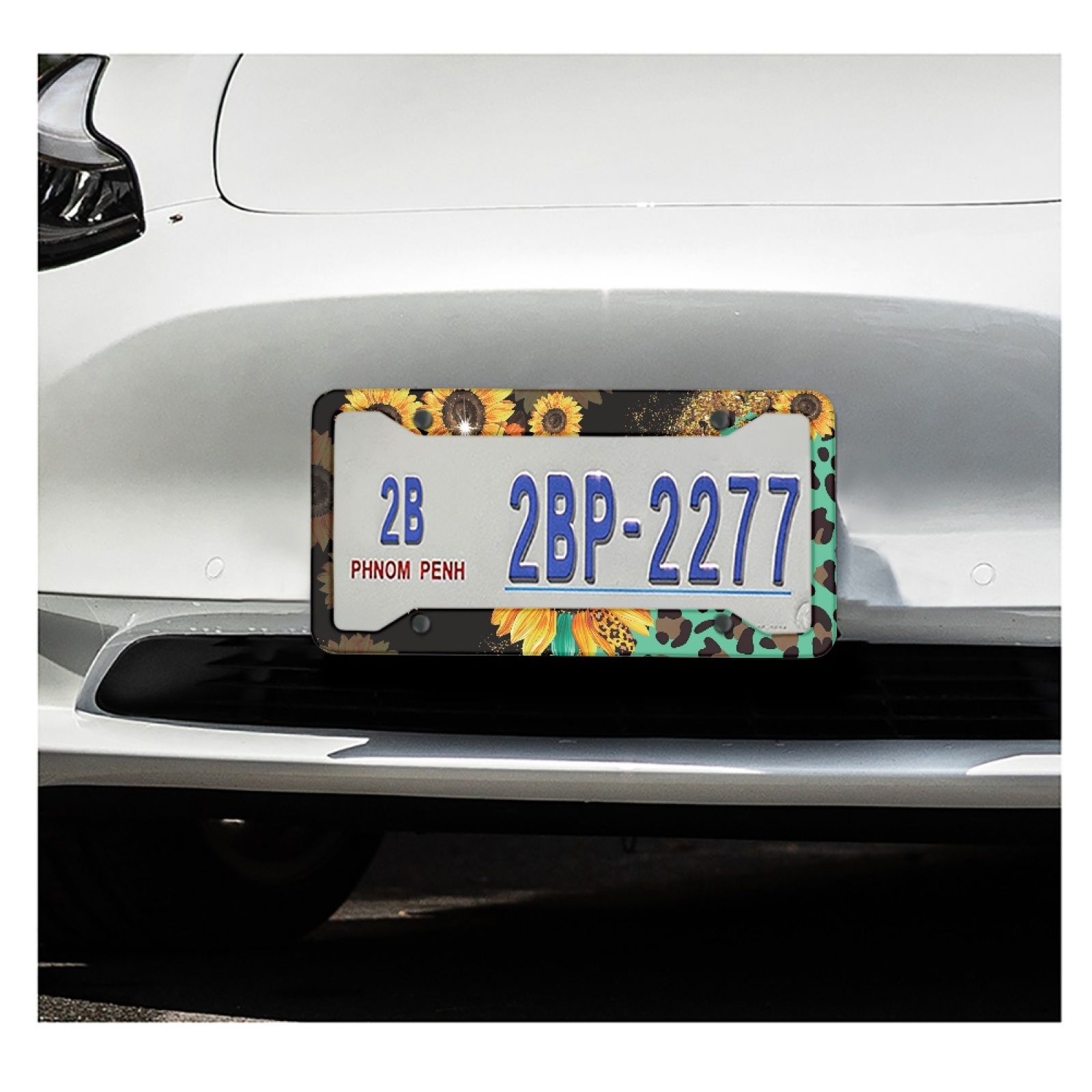 Renewold Sunflower Leopard Print Green Car License Plate Frame Licence Plate Frame Frames with Screw Caps Applicable to Standard US License, Set of 2
