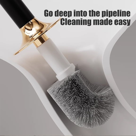 Wall Mounted Toilet Brush with Long Handle | Space Saving Bathroom Cleaning Tool | Includes Splatter Guard & Quick Dry Design for Hygienic Use | Gold Finish