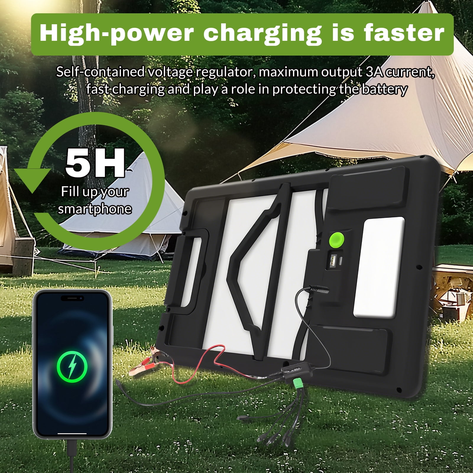 Kepeak 15W Foldable Solar Panel with USB-A/USB-C, 1-to-5 Cable, and LED Light – Lightweight, Waterproof for Mobile Phones