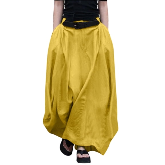 LWavelet Women Balloon Maxi Skirt Elastic High Waist With Pockets Casual Summer Long Skirt Yellow M