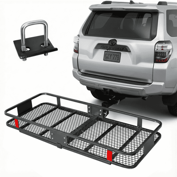 Folding Hitch Mount Cargo Carrier Basket 60x20x6” Rear Luggage Rack Basket,500LBS Capacity, Hitch Mount for 2" Receivers, Powder Coating, Heavy Duty, Durable, Easy Assembly, Straps Stabilizer