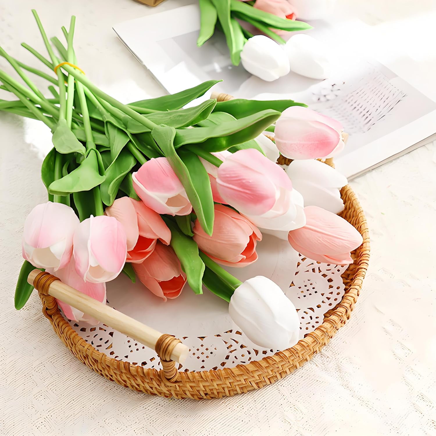 10pcs White Artificial Flowers Fake Tulips 13" Silk Flower for Home Kitchen Wedding Decor Bouquet Decorations Office Floral Arrangements