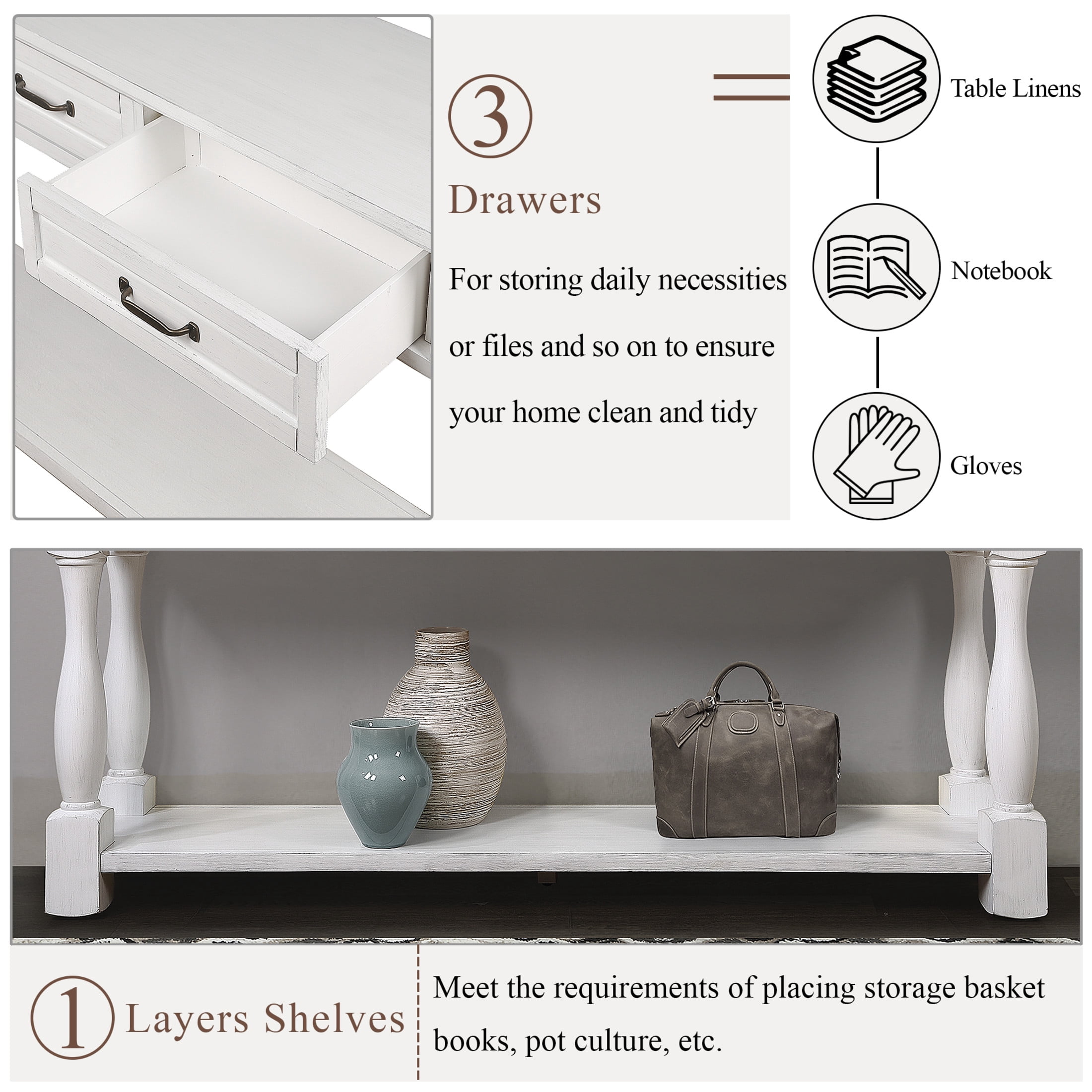 Noble House Adelaide 63" Console Table, Solid Wood Frame Mid-Century Entryway Storage, Antique White