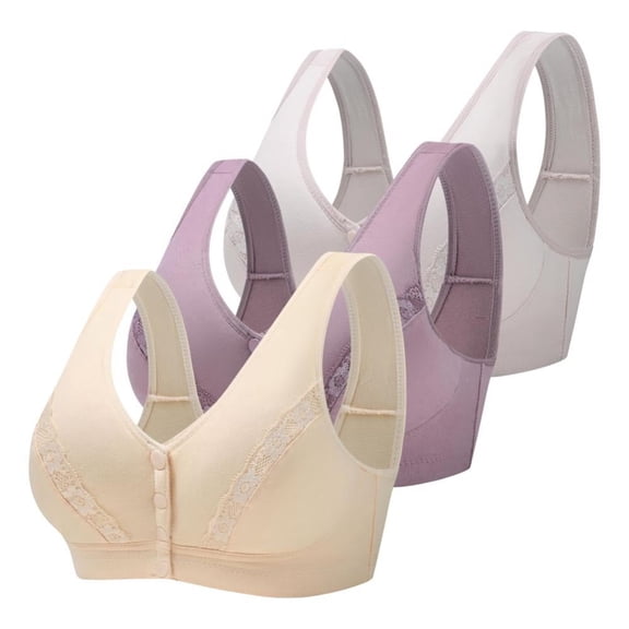 3 Pack Elderly Women Button Front Closure Bras Seamless Cotton Everyday Soft Cup (no Pads) Bras