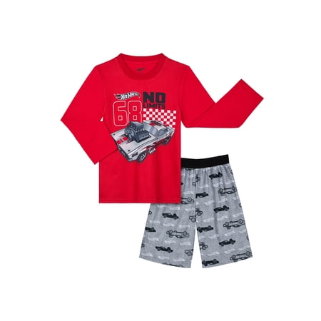 Hot Wheels Boys Long Sleeve Sleep Top and Shorts Pajama Set, 2-Piece, Sizes 4-12