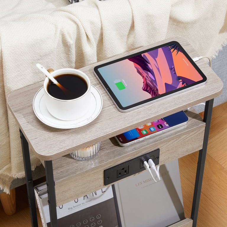 ZEXVIDA Narrow Side Table with Charging Station, Oak photo 8