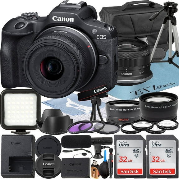 Canon EOS R100 Mirrorless Camera with RF-S 18-45mm Lens   2 Pack SanDisk 32GB Memory Card   Case   ZeeTech Accessory
