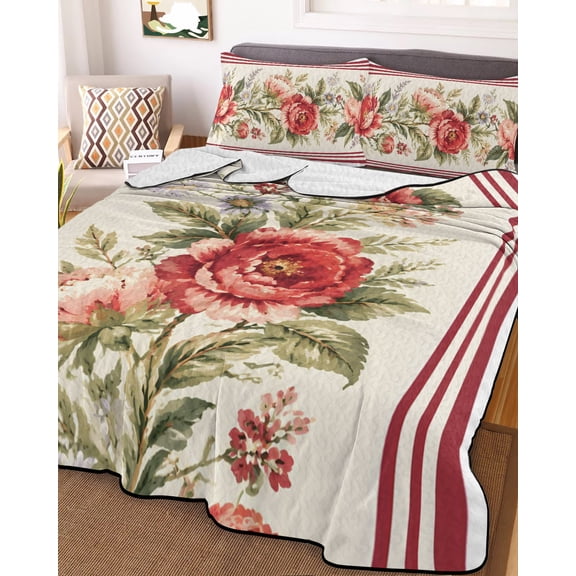 King Quilt Bedding Set, Country Flower Leaves Watercolor Floral Lightweight Coverlet Summer Comforter Set Soft Microfiber Bedspread, Red Stripe 3 Piece Quilt Set with 2 Pillow Shams