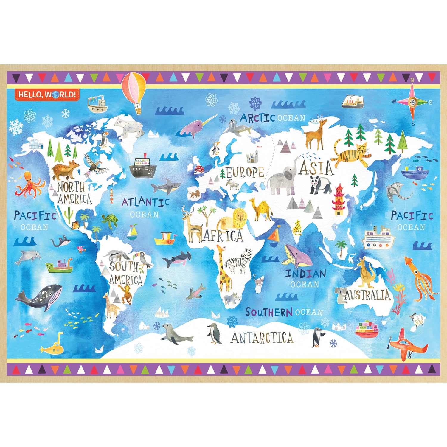 MasterPieces 60 Piece Kids Jigsaw Puzzle - Hello, World! Map Wood