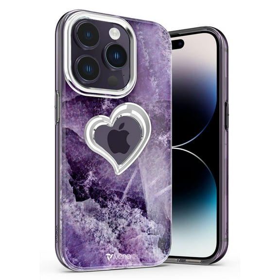 Vena vLove Marble Case Compatible with Apple iPhone 14 Pro (6.1"-inch), Heart Shape Design (MagSafe Compatible) Dual Layer Slim Hybrid Clear Bumper Case Cover - Purple Marble