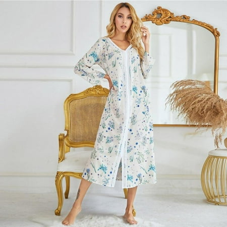 

Pretty Comy Spring Ladies Printed Nightdress Long Sleeve Pajamas Casual Homewear Apricot Background with Green Leaves and Blue Flowers XL
