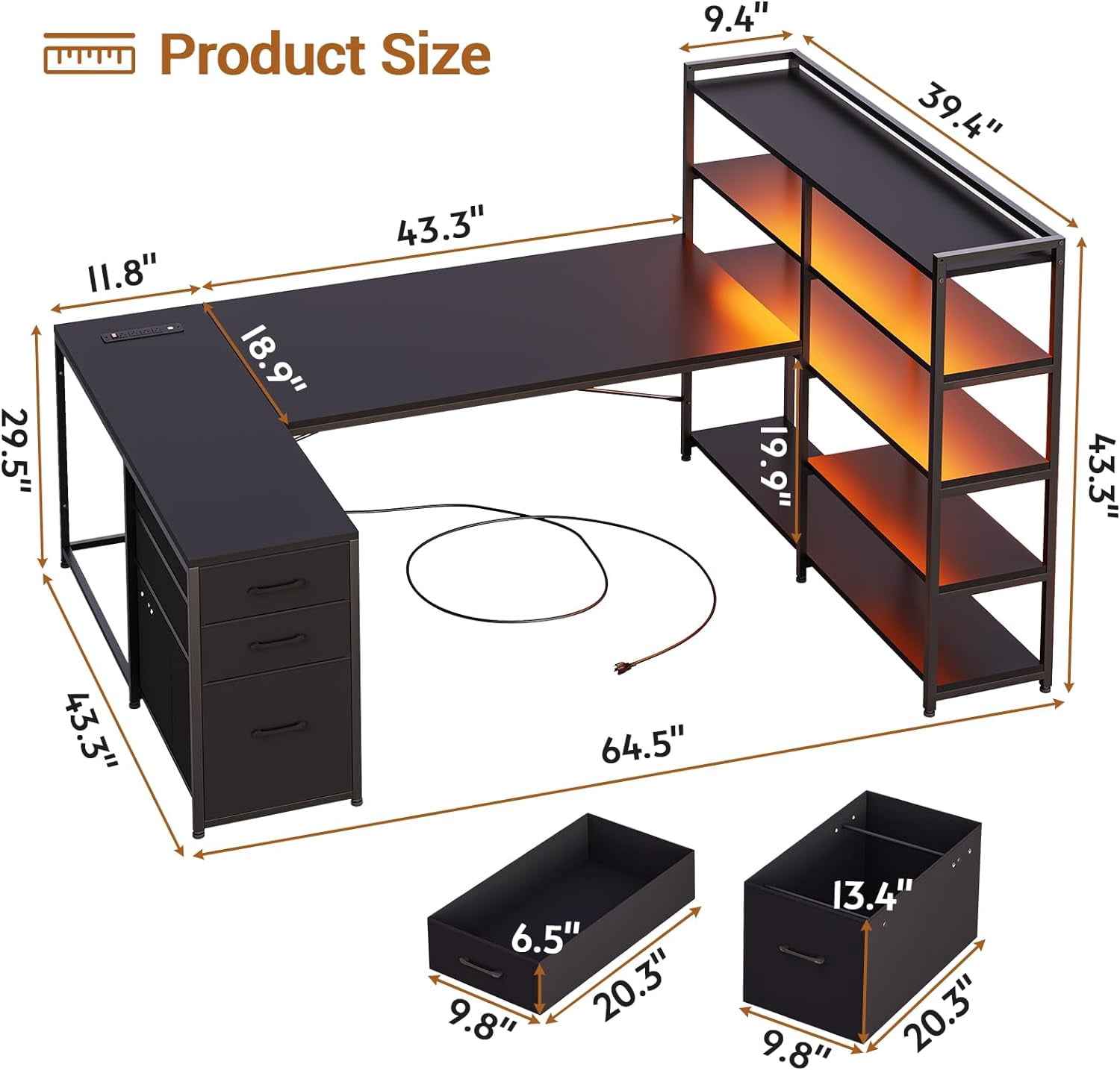 Black Computer Desk with Drawers, 64.5" Reversible Office Desk with Fabric File Drawer, Corner Computer Desk with Power Outlet & LED Strip and Storage Bookshelf