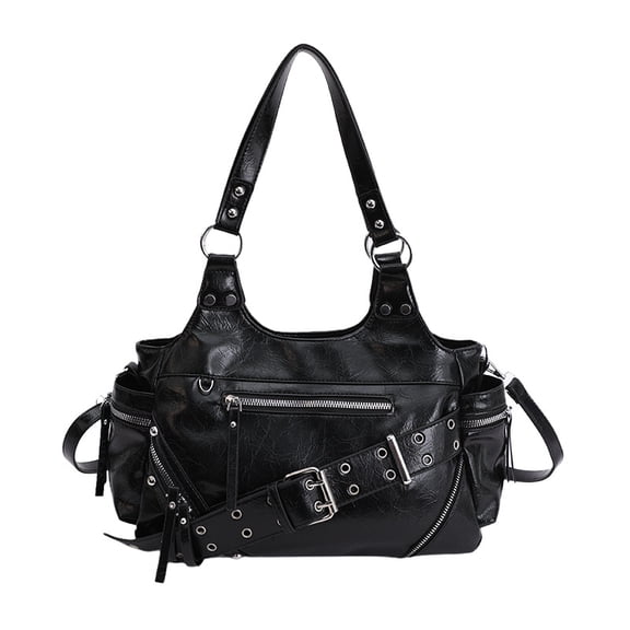 Edgy PU Motorcycle Tote Bag for Women, Belt Buckle Design, Metal Ring & Rivet Detail, Large Capacity Zipper Closure Shoulder Crossbody Bag for Daily Use (12.6" x 7.9" x 4.7", 1.17 lb)