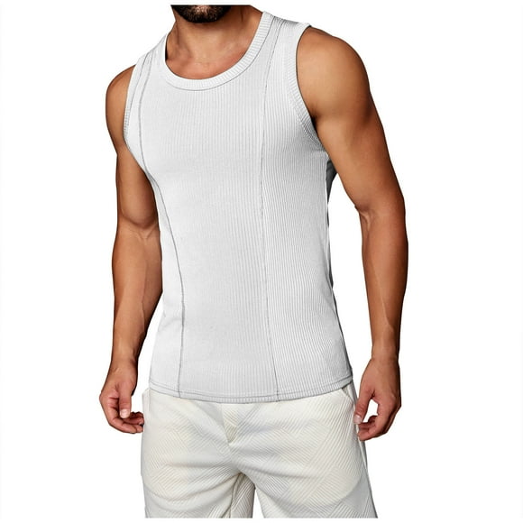 Jgppe Men's Slim Workout Shirts Sleeveless Knit Ribbed Summer Tank Tops Solid Color Muscle Undershirt