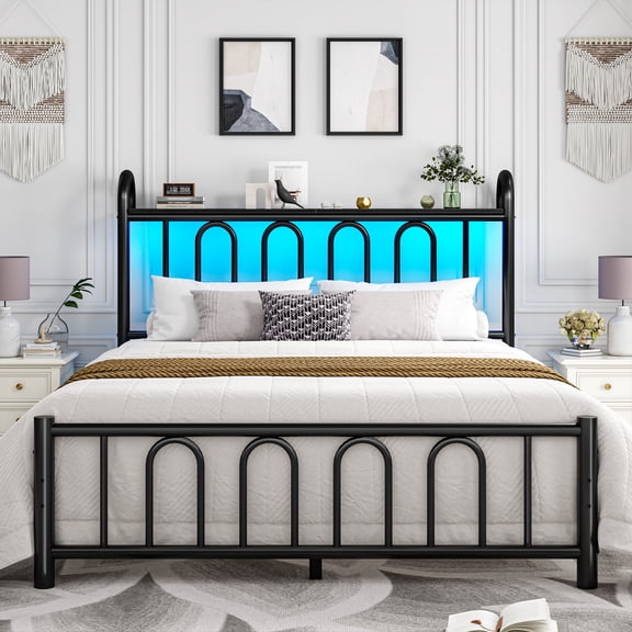 EnHomee Queen Size Metal Platform Bed Frame with Headboard Metal Bed Frame with LED Lights Queen Bed Frame with Underbed Storage,Black