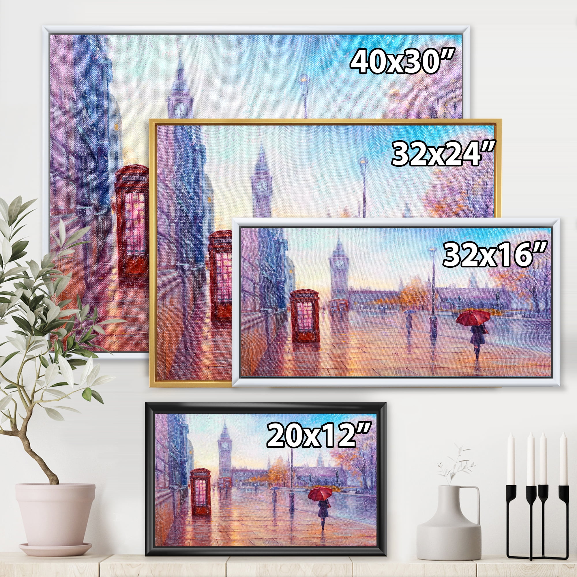 Designart 'Big Ben and Woman With Red Umbrella In London Street' French Country Framed Canvas Wall Art Print