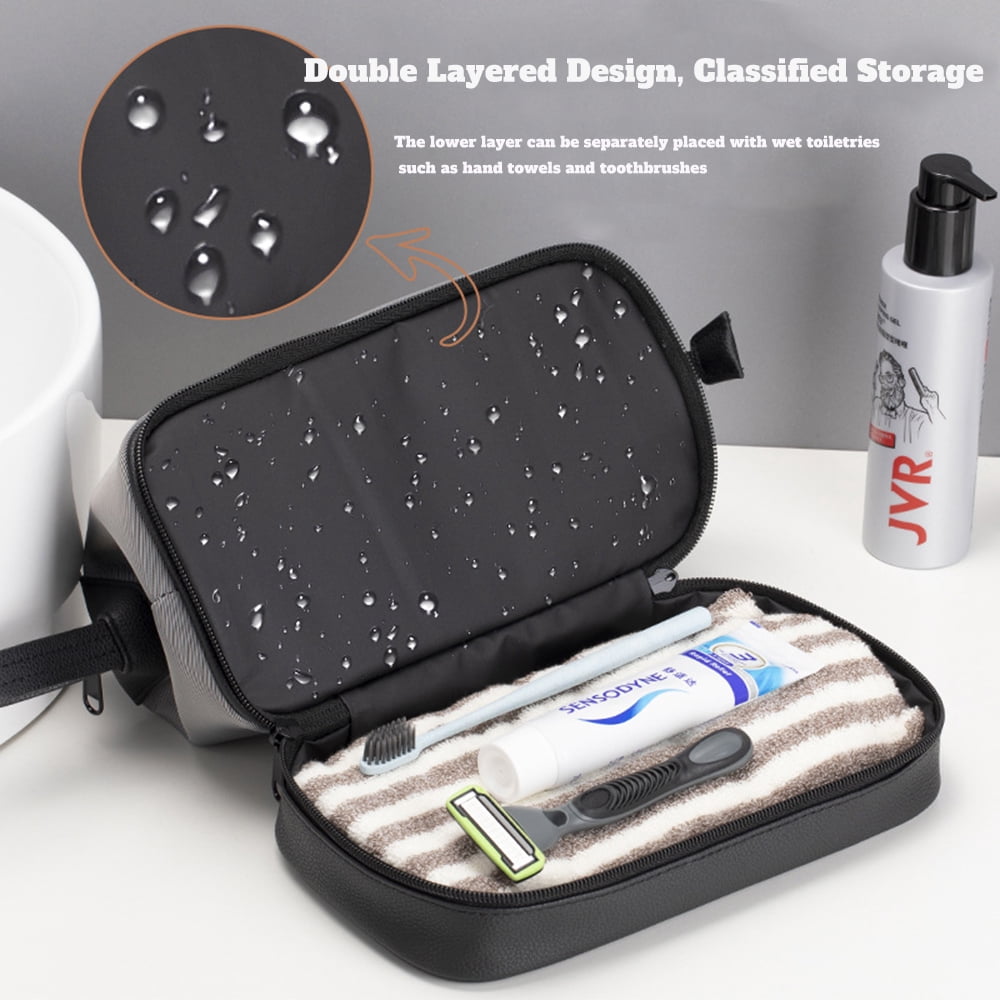 Mens Travel Dopp Kit Toiletry Bag , Wet & Dry Shower Shaving Pouch,PU Leather Waterproof Toileties Organizer-Brown