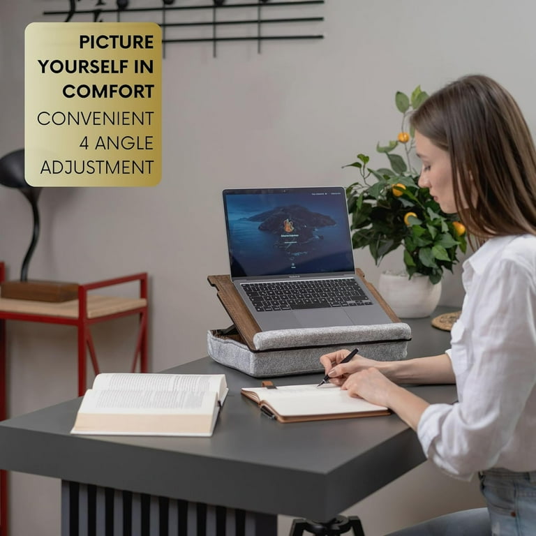 Lap Desk Potuopy - Up To 17" Laptop Tray With Wrist Rest, Portable Handle, Fixed Mouse Pad, Tablet & Phone Slots, With Cushion (Black Laptop Stand For Bed