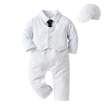 

FYMNSI Baby Boy Formal Suit Infant Tuxedo Long Sleeve Gentleman Dress Jumpsuit Overall Romper Beret Hat 2pcs Set Wedding Birthday Baptism Outfit Occasion Clothes 3-6 Months White