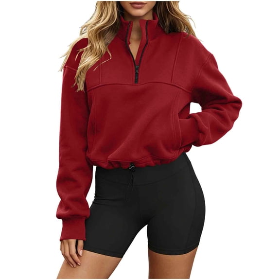 VEKDONE Women Quarter Zip Cropped Sweatshirt Long Sleeve Stand Collar Crop Sweatshirts Solid Color Loose Fit Pullover Top with Pockets Red M