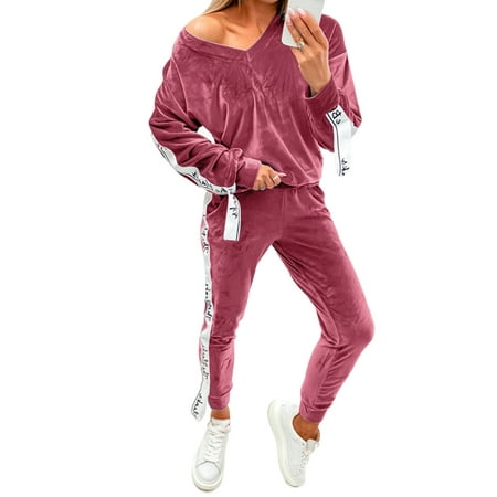 

Colisha Loose Fit Sports Pajamas Suits for Women Casual Straps Stitched Lounge Sets Elastic Waist With Pockets Sweatsuits Pink XL