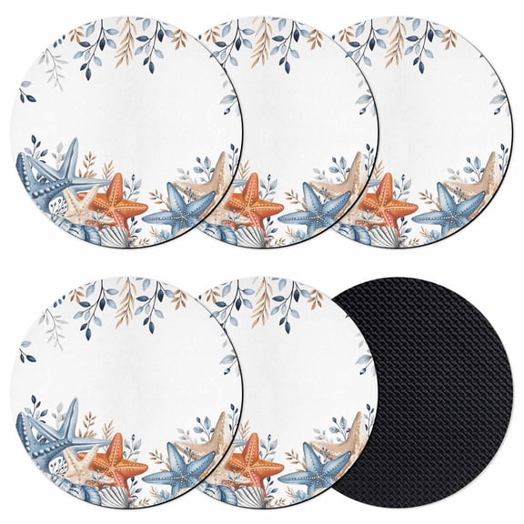 Orange Blue Starfish Coastal Coasters Set of 6, Absorbent Coasters for Drinks, Nautical Beach Eucalyptus Coaster for Desk Coffee Table Protection, Home Decor House Warming Gifts 4"
