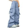thumbnail image 2 of FRSASU Women Summer Beach Vacation cargo pants High Waisted Wide Leg Pants Loose Flowy Lounge Trousers with pockets Blue, 2 of 6