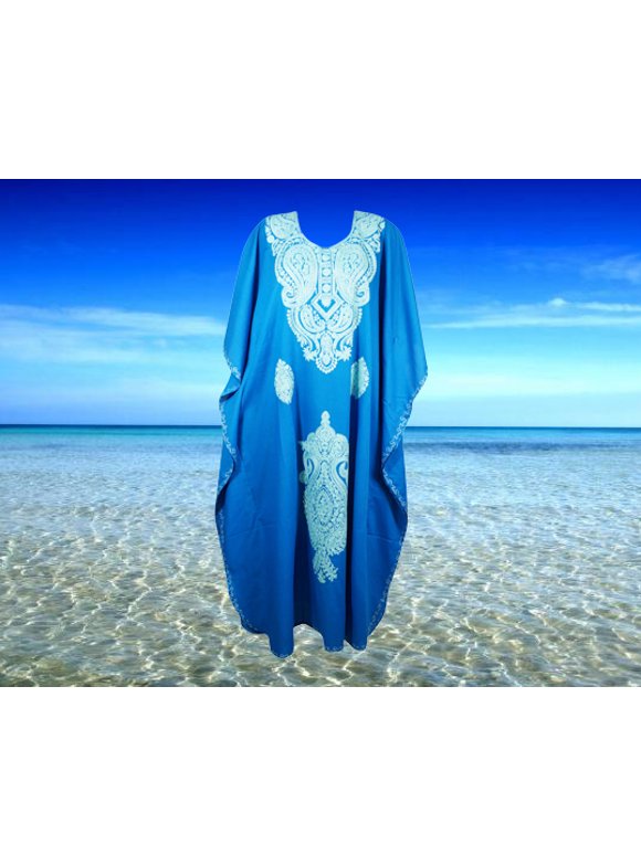 Womens Kaftan Maxi Dress, Embroidered Blue Housedress, One Size L-2XL