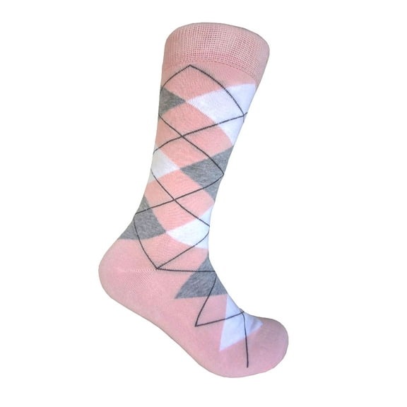 Men's Mid-calf Argyle Plaid Scottish Tartan Wedding Groomsman Gift Party Events Father's Day Presents Dress Casual Socks in Pink with White and Gray Color