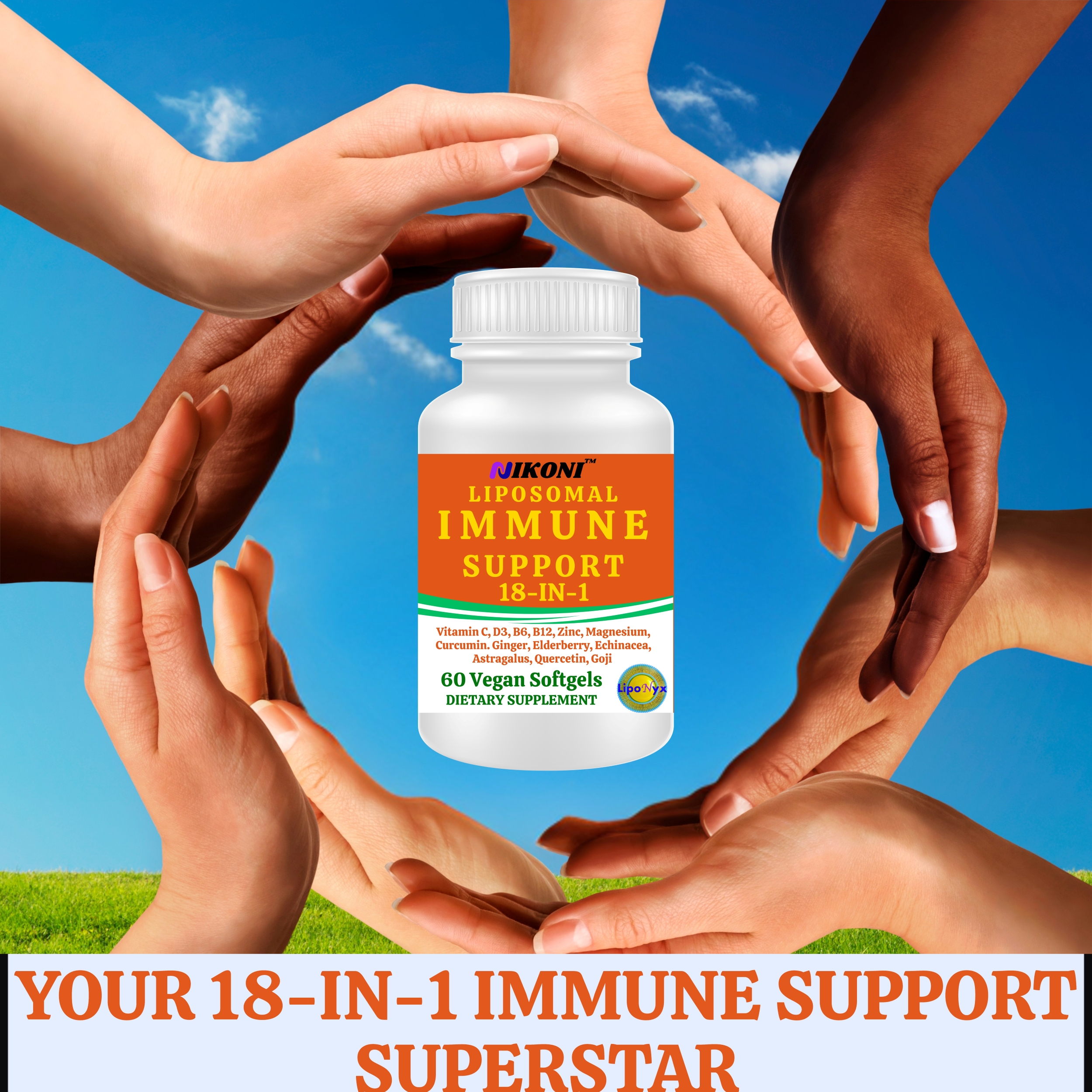 Nikoni Immune Support Dietary Supplement 18-in-1 Liposomal Formula Vegan Softgels 60 Count