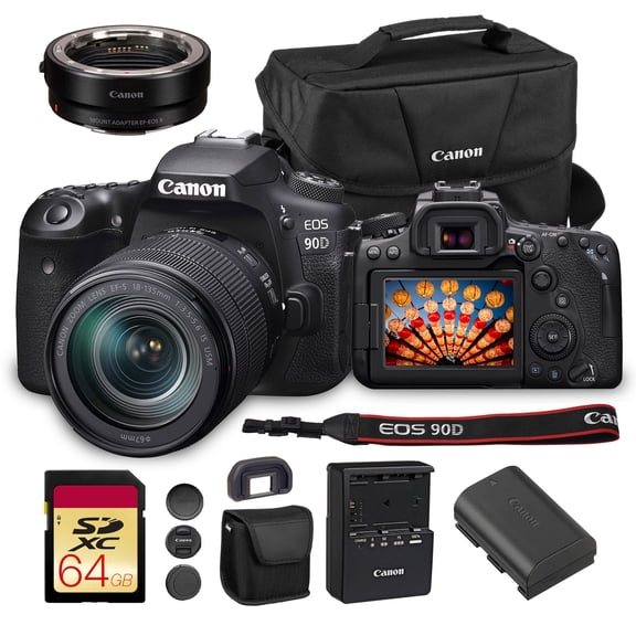 Canon EOS 90D DSLR Camera with 18-135mm Lens | 32.5MP APS-C Sensor, Dual Pixel AF & 4K Video | Ideal for Wildlife, Sports & Travel Photography (3616C016)   Adapter EF-EOS R   Canon Bag   64GB Card