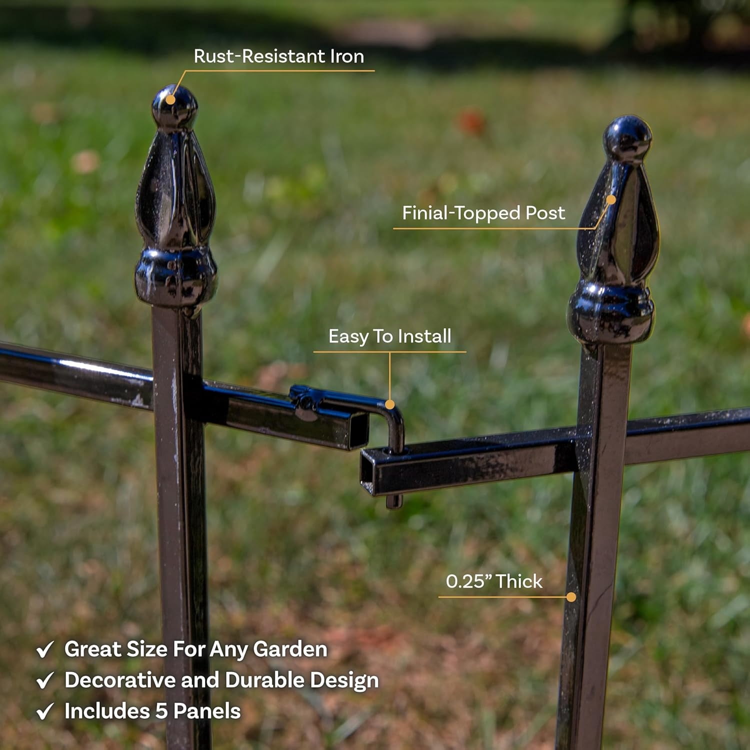 5-Panel Iron Decorative Garden Fence Border - 9ft L x 18in H No Dig Metal Garden Fencing for Animal Barrier, Flower Bed, Yard - Black