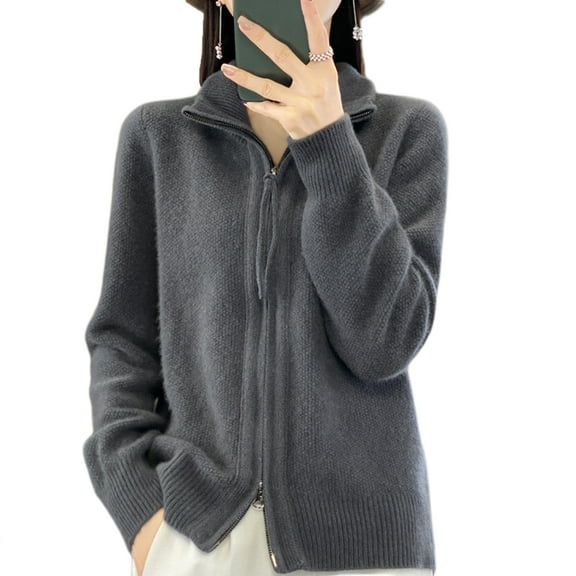 Women Knitted Sweater Coat High Collar Long Sleeve Double Zipper Placket Autumn Winter Solid Color Knitwear