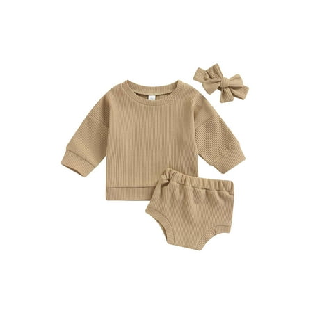 

Multitrust Baby Girl 3 Pcs Clothes Sets Solid Color Long Sleeve Round Neck Tops + Elastic Waist Shorts + Headband