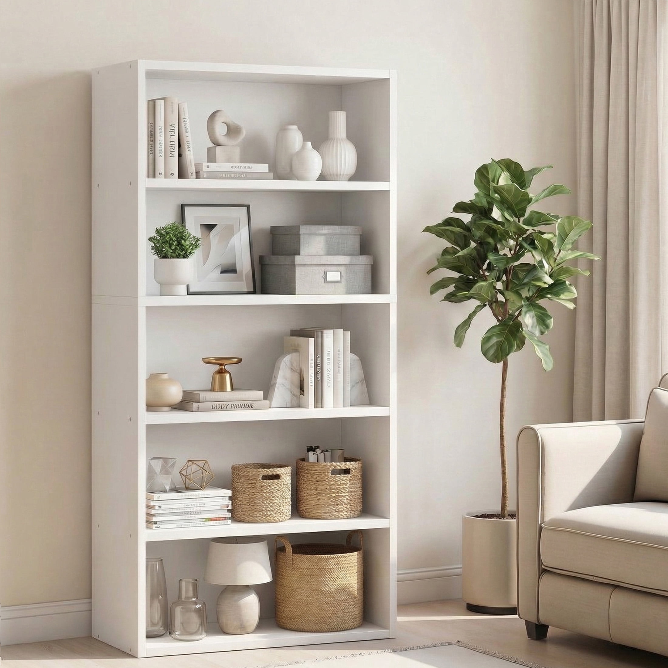 CONCETTA 5 Shelf Bookcase, 53 Inch Tall Floor Standing Open Bookshelf for Home Office and Living Room, White