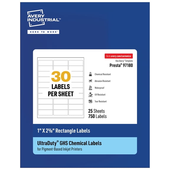 Avery UltraDuty GHS Labels 1" x 2-5/8", 750 Ct, Pigment Inkjet