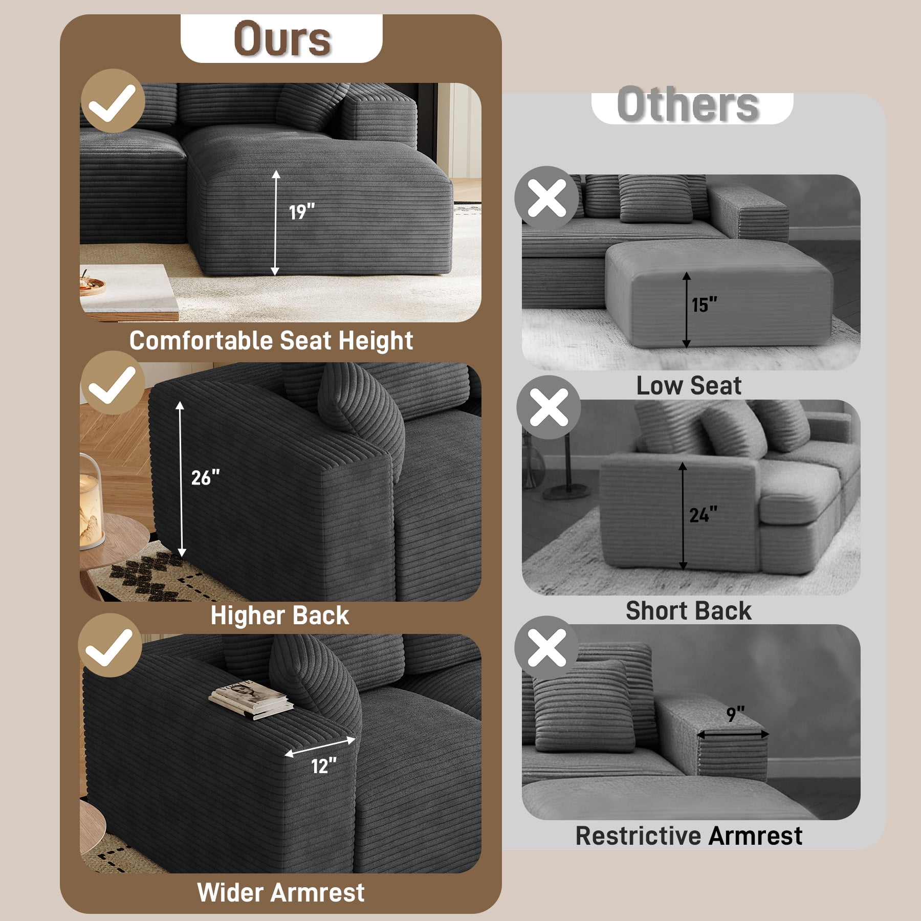 Wiilayok 109" Cloud Sectional Couch with L-Shape Chaise,Modern Modular Sofa with Deep Seat, Comfy Boneless Upholstered Couches for Living Room Bedroom,Deep Gray