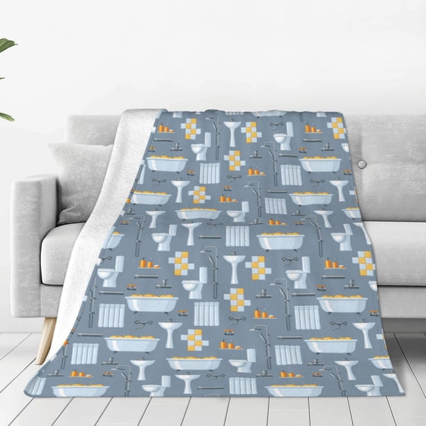Fotbe Blue Bathroom Manta de Franela Acolchonada con Estampado, Súper Suave y Esponjosa, Extra Grande para Sofá, Cama, Uso Todo el Año-80"x60"