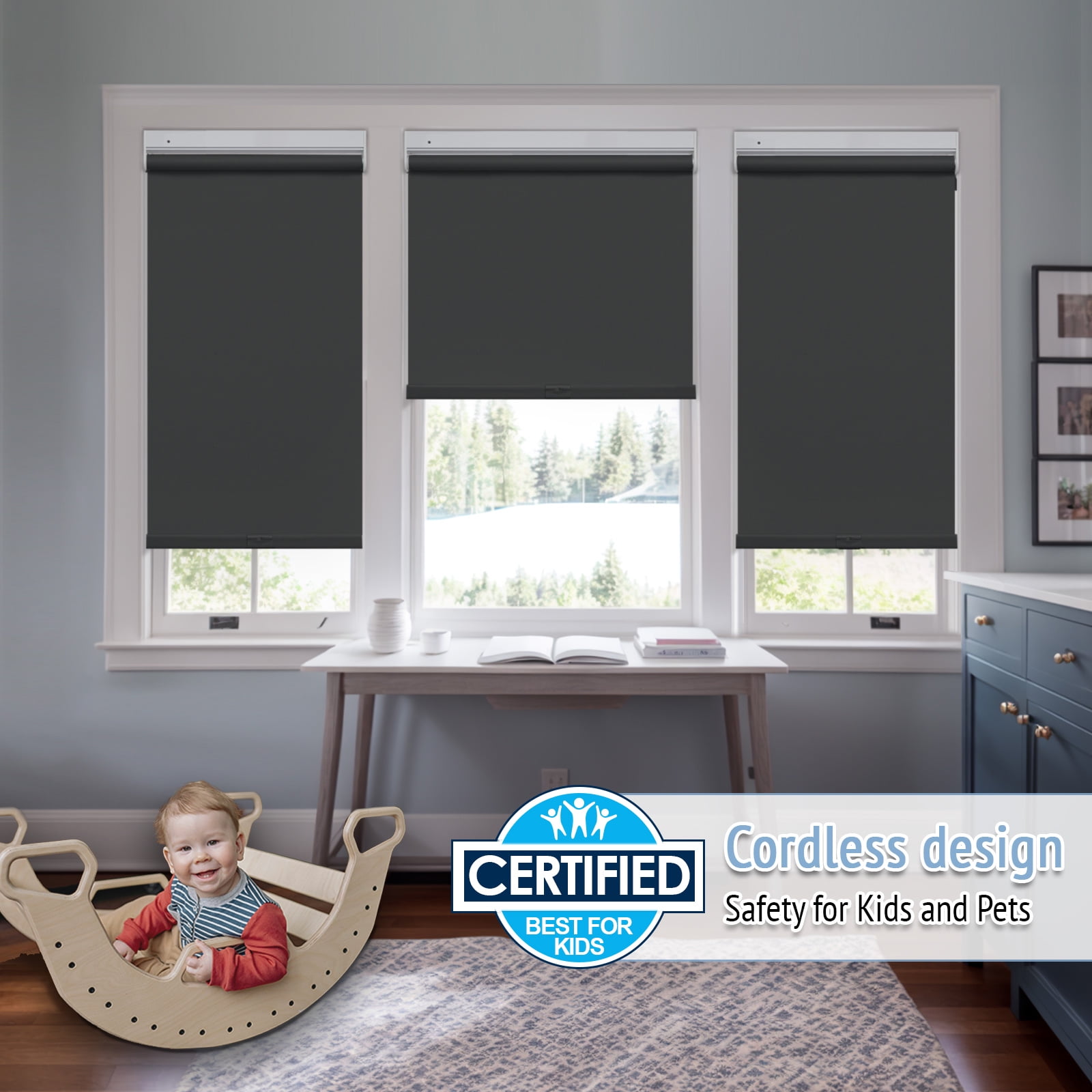 Keego No Tools No Drill Cordless Roller Blinds 100% Blackout Thermal Insulated Reduce Noise Privacy Shades Roller Shades Blinds for Windows (Black, 42"W x 64"H)