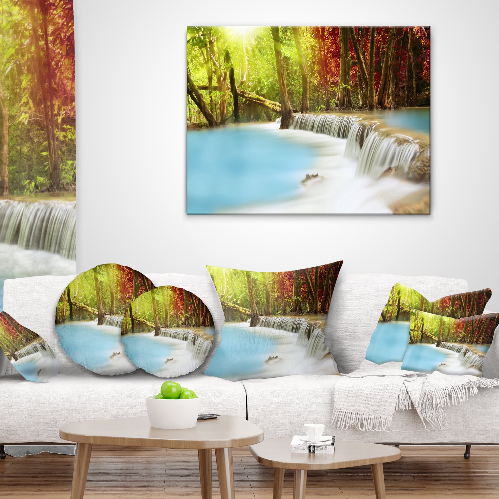 Designart Blue Waters of Huai Mae Kamin Waterfall - Landscape Printed Throw Pillow - 12x20