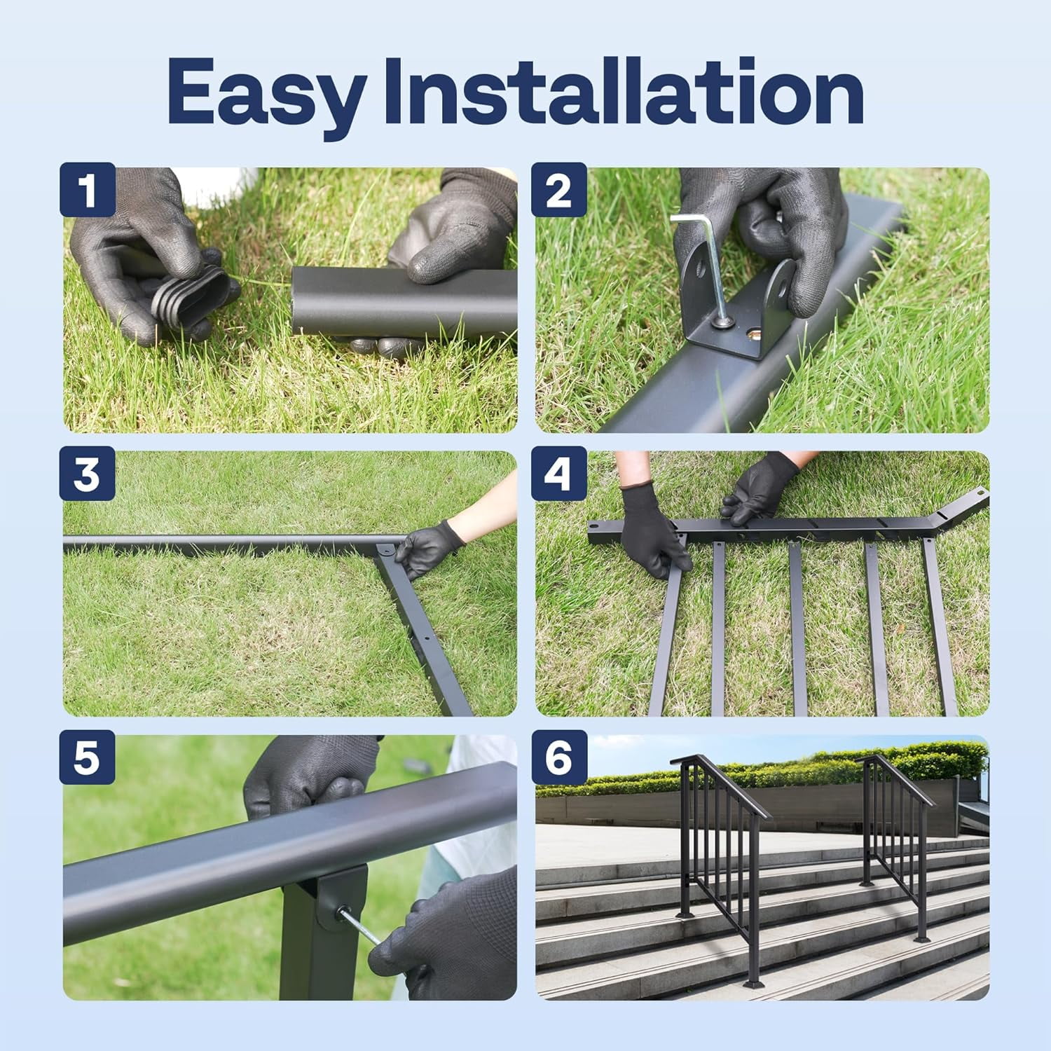 SPECSTAR 2-Pack Outdoor Handrails, 3-Step Galvanized Steel Hand Rails for Outdoor Steps – 27.1" Black Oval and Safety Balusters Exterior Railing Kit for Porch, Deck, or Indoor Stairs