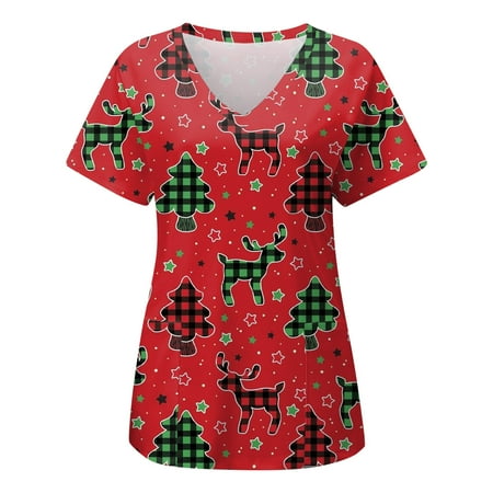 

Scrub Tops for Women Christmas Short Sleeve Shirts Relaxed-Fit V-Neck Classic Graphic Tees Printed Shirt Blouses Workwear