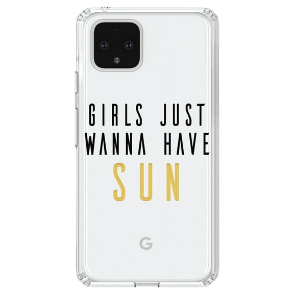 DistinctInk Clear Shockproof Hybrid Case for Google Pixel 4 XL (6.3" Screen) - TPU Bumper Acrylic Back Tempered Glass Screen Protector - Girls Just Wanna Have Sun
