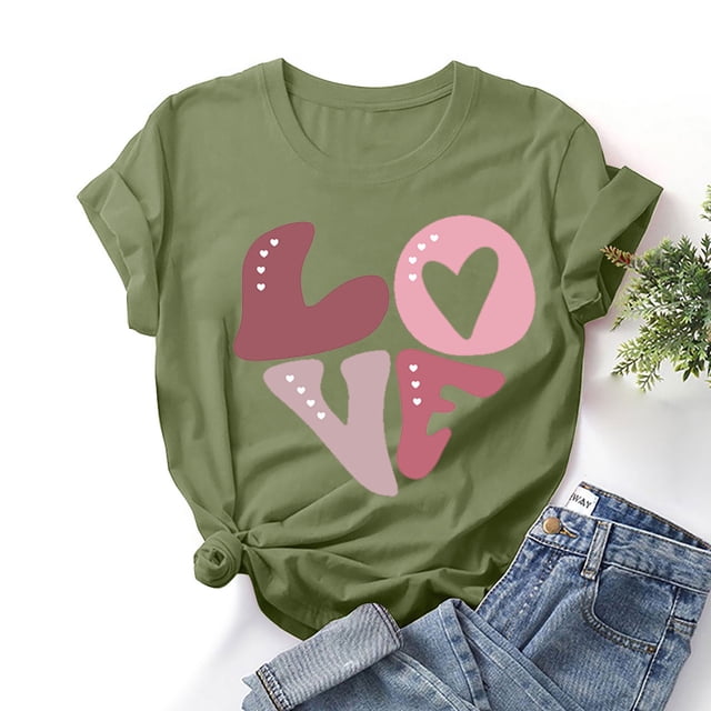 Styesk T-Shirts pour Femmes Saint-Valentin Graphique Décontracté Grande Taille Hauts Imprimé Cœur Hauts de Sortie Confortables Doux Col Rond T-Shirts Chandail Mode Léger Manches Courtes T-shirt
