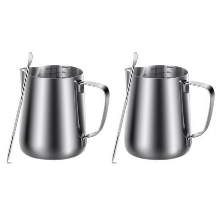 2X Milk Frothing Pitcher 350Ml (12Oz)Steaming Pitchers Milk Coffee Cappuccino Latte Art Steam Pitchers Milk Cup,2*Coffee cup 2*pull needle,Silver