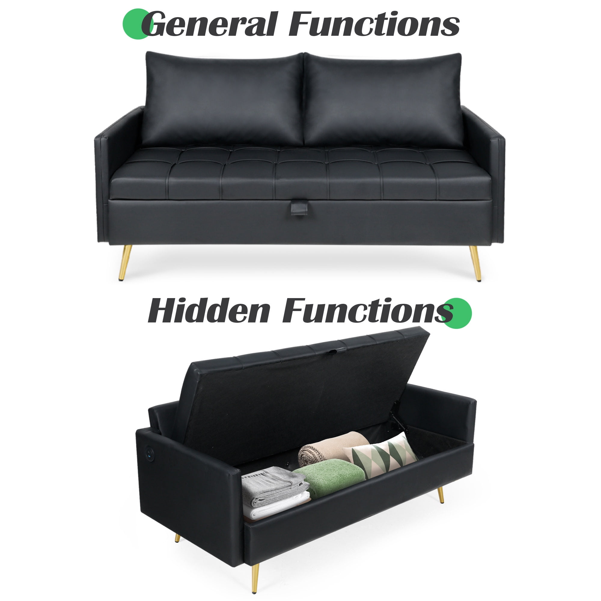 Coewske 60'' W Faux Leather Loveseat Sofa Couch w/ Storage Space & 2 USB Charging Ports Black
