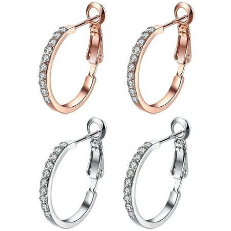 14 K Small Gold Hoop Earrings 2 Pairs Set CZ Rhinestone Small Hoop Earrings 14K Rose Gold & Platinum Plated For Girls Women ()