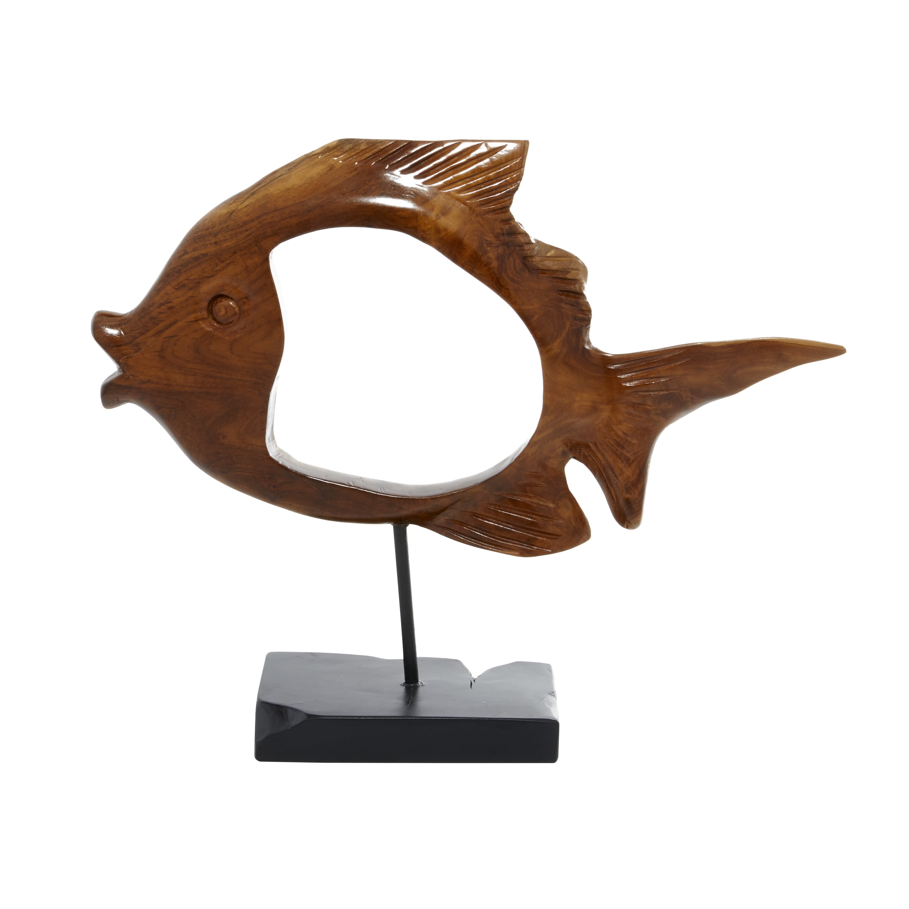 19" x 16" Brown Teak Wood Handmade Carved Fish Sculpture with Stand, by DecMode