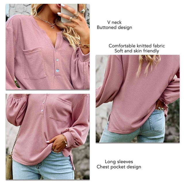 Top Suelto De Punto, Camiseta De Punto Para Mujer Cómoda Manga Larga Bolsillo En El Pecho Abotonado Suave Para Vacaciones De Ocio ANGGREK Otros